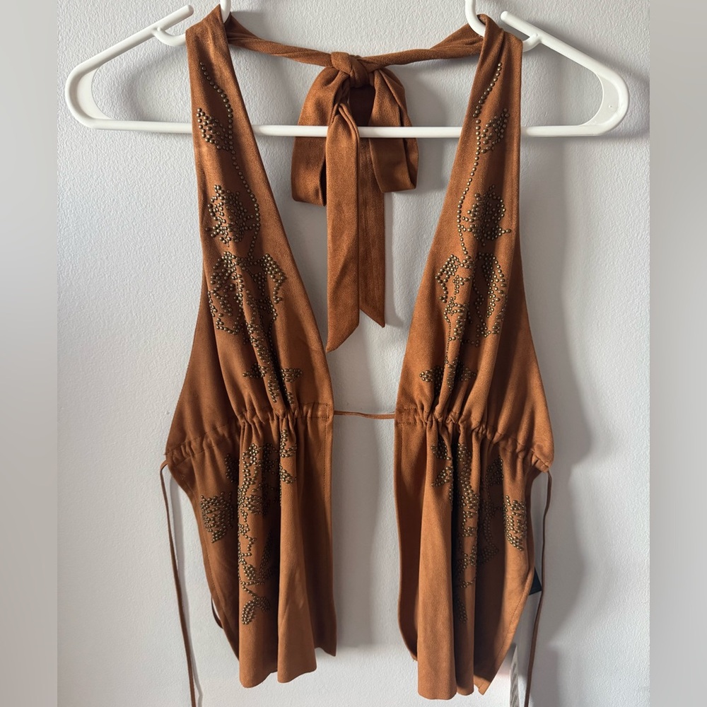 Brown Beaded Backless Tank Top